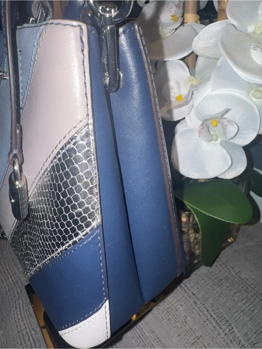 Michael Kors Navy Blue, Light Blue, Gray & Silver Striped Satchel